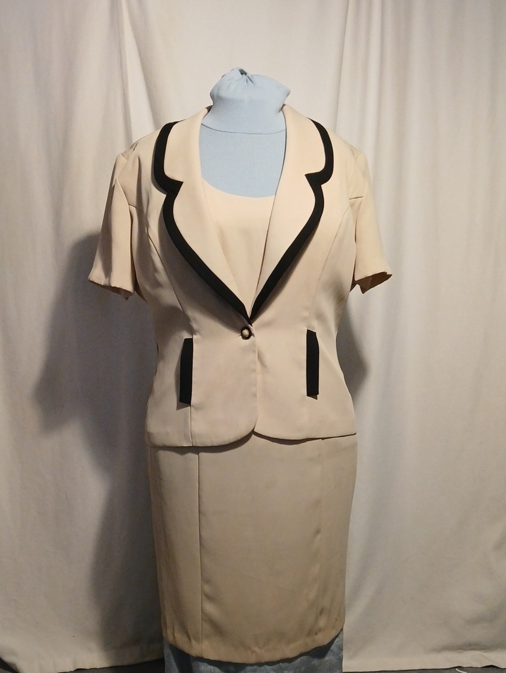 Cream Women's Short Sleeve Blazer and Sleeveless Dress Set with Black Trim